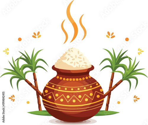 Illustration of a traditional earthen pot filled with rice, flanked by palm trees and decorative elements on a white background with warm tones.
