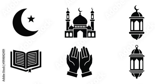 A collection of islamic symbols including a crescent moon mosque and hands in prayer silhouette on transparent background high quality professional