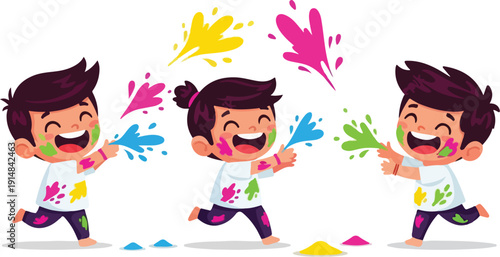 Three cartoon children throwing colorful powder in playful poses against a white background with vibrant splashes.