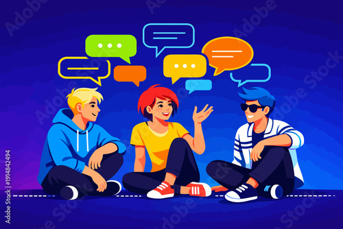 Group Conversation and Social Networking. Diverse Friends Chatting with Colorful Speech Bubbles. Youth Dialogue, Communication, and Digital Community Concept Illustration.