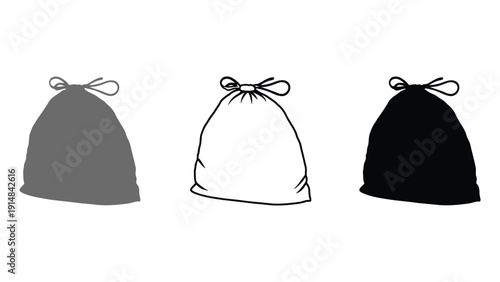Three tied garbage bags in different colors: black, white, and gray.