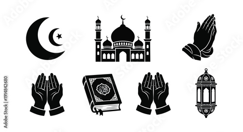 A collection of islamic symbols including a crescent moon mosque praying hands quran and lantern on transparent background silhouette high quality