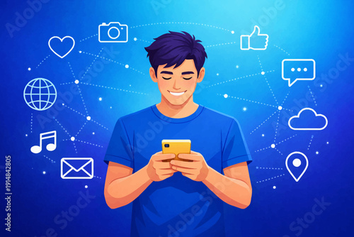 Happy Young Man Using Smartphone for Social Media and Digital Communication. Mobile Network Connectivity and Online Lifestyle Concept Illustration.