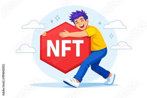 Happy Man Embracing Giant NFT Token. Excited character celebrating digital ownership, blockchain investment, and cryptocurrency assets.