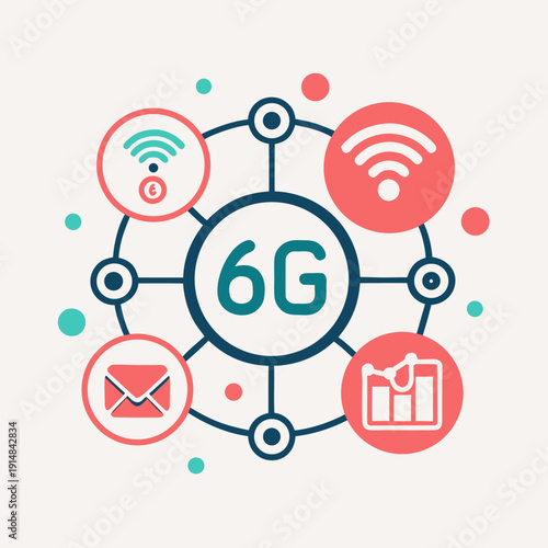 6G Network Technology Symbol with Connected Devices and Signals