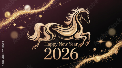 Golden Horse: A luxurious greeting for the upcoming year 2026, featuring a stylized golden horse leaping against a dark background, complete with sparkling embellishments and celebratory text.