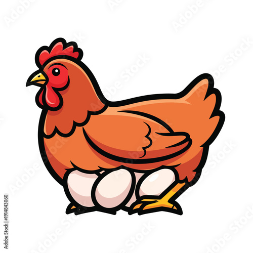 Cartoon Chicken Standing with Eggs.