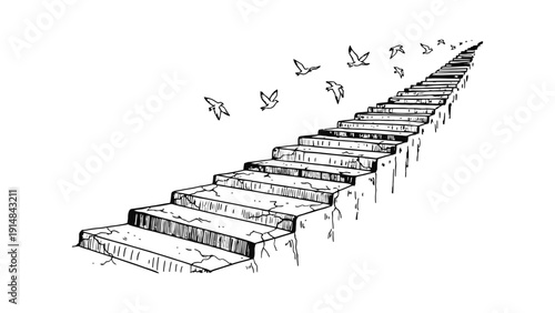 Staircase vector illustration with birds flying upwards to freedom