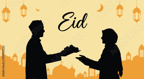 A warm eid greeting featuring a couple exchanging gifts with a crescent moon and lanterns on transparent background silhouette high quality