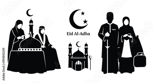 A black silhouette illustration depicting eid al adha celebrations with islamic architecture and figures on transparent background high quality professional detailed modern