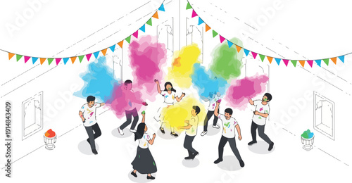 Illustration of people celebrating with colorful powder in the air under a festive banner in a room.