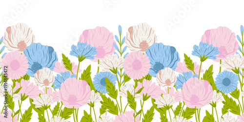 Spring floral frame. Seamless horizontal frame with blooming flowers in pastel colors. Natural meadow fresh flowers and plants, botanical floral vector illustration.