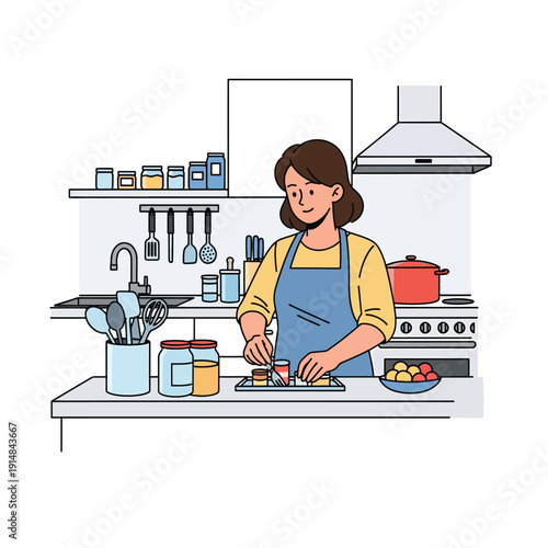 Woman Wearing Apron Preparing Food in Kitchen.