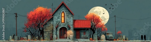 Eerie stone church, vibrant red autumn trees, full moon, pumpkins, gravestones. Ideal for Halloween promotions, autumn themes, or mysterious digital art.
