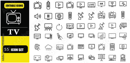 Television Line Icon Set – Editable Stroke TV, Broadcasting, Streaming, Media Player, Remote Control, Smart TV, News, Entertainment and Video Technology Linear Icons for Web, App, UI, UX and Media Des