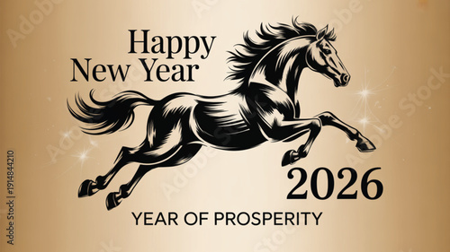 New Year Celebration: A spirited digital illustration to usher in the new year with a galloping horse, celebrating the Year of Prosperity in 2026. 