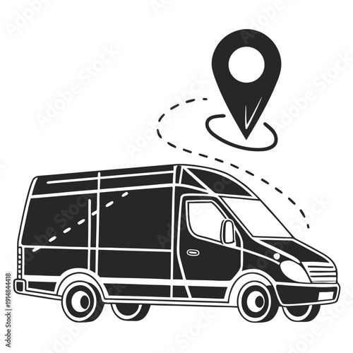 Last Mile Delivery Van with Location Pin – Black Silhouette Logistics Icon