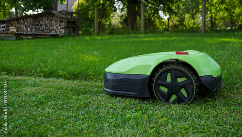 Robotic lawn mower cutting grass along the boundary wire with clear contrast between freshly mowed and unmowed areas. Smart home technology, landscaping, outdoor maintenance, and home improvement