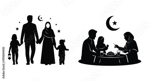 A black silhouette of a muslim family celebrating togetherness including a crescent moon on transparent background high quality professional detailed modern