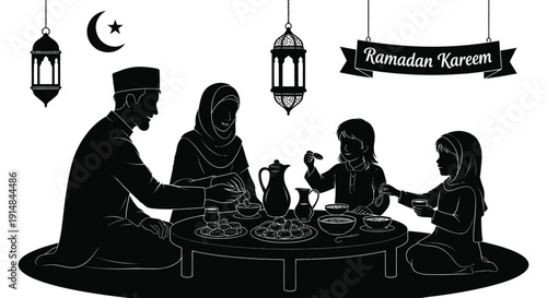 A family breaking their fast during ramadan featuring a crescent moon and lanterns on transparent background silhouette high quality professional detailed