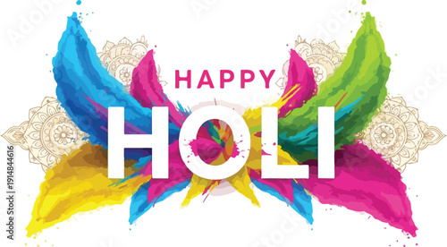 Vibrant Holi celebration graphic with colorful feathers and 'HAPPY HOLI' text on a white background with intricate beige design.