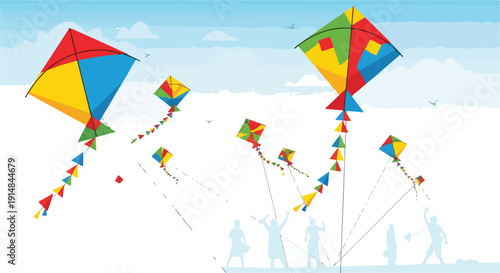 Colorful kites flying in the sky with silhouettes of people in the background on a sunny day with a few clouds.
