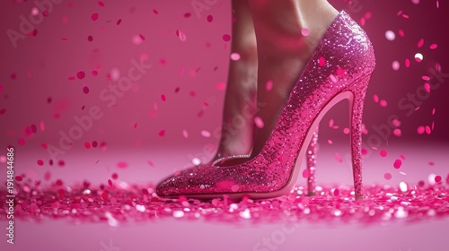 Glamorous pink glitter high heel amidst a shower of matching confetti