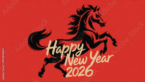 A New Year Equestrian Celebration: A striking graphic of a horse is prancing, above the text Happy New Year 2026, symbolizing new beginnings and good fortune.