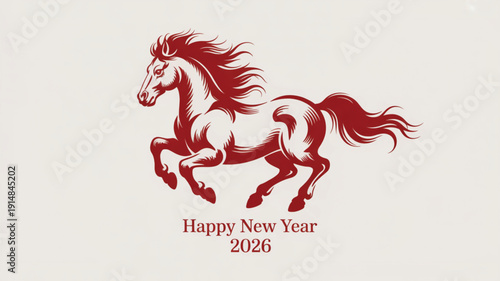 Happy New Year 2026: A majestic horse, symbolizing strength and prosperity, gallops with grace across the canvas, celebrating the dawn of the year 2026.