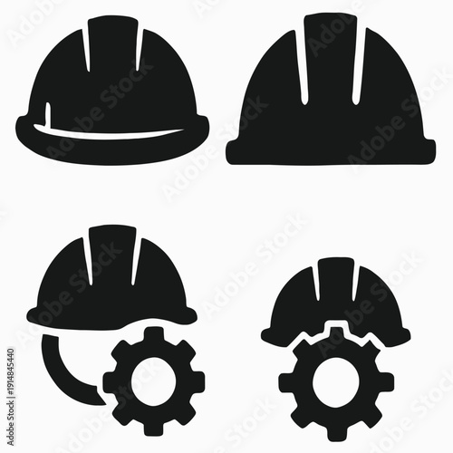 Essential construction helmet and gear icon set, representing workwear safety, engineer protection, and building industry essentials.
