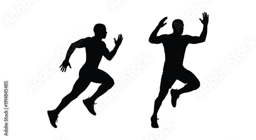 Two runners in dynamic poses are depicted as black silhouettes on transparent background high quality professional detailed modern elegant stylish clean