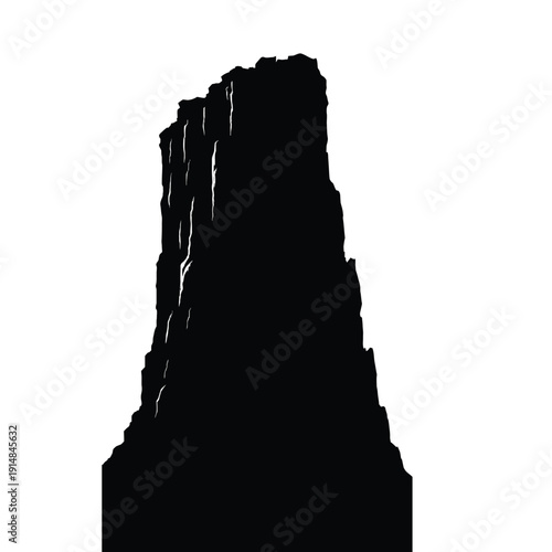 Massive vertical rock cliff face silhouette, a jagged mountain landscape element for adventure, nature, and extreme sports design.