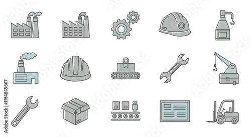 Industrial Icons: Vector Illustrations Depicting Factories, Gears, and Engineering Tools