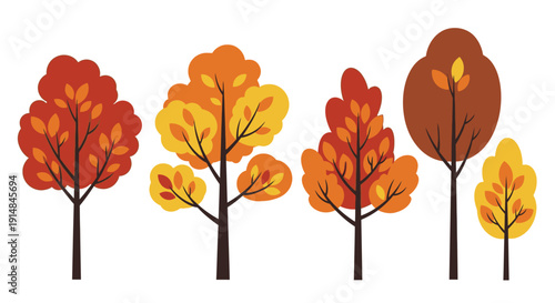Colorful Autumn Trees Collection, Fall Season Foliage, Vibrant Orange, Yellow, Red Leaves