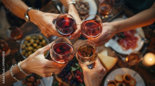 Overhead view of four hands clinking wine glasses at a warm, food-laden table