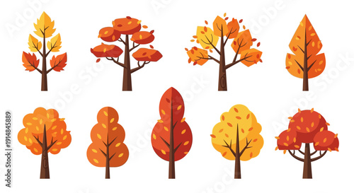 Collection of stylized autumn trees with colorful foliage in warm orange, yellow, and red hues.