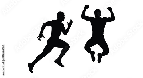 Two dynamic male figures captured in mid action poses one running and one jumping presented as a silhouette on transparent background