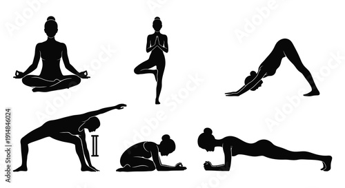 A collection of yoga poses depicted in black silhouettes ideal for design projects on transparent background silhouette high quality professional detailed