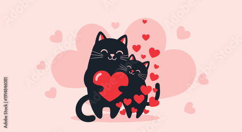 Black cats with heart in a pink background