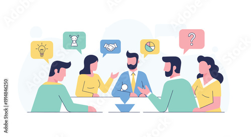 Team Discussion around a table with speech bubbles and puzzle pieces