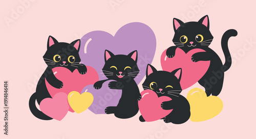 Group of Black Cats with Colorful Hearts for Valentines Day