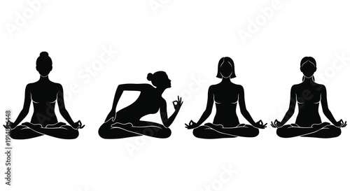 Four women in lotus positions shown in a black silhouette ideal for design projects on transparent background high quality professional detailed