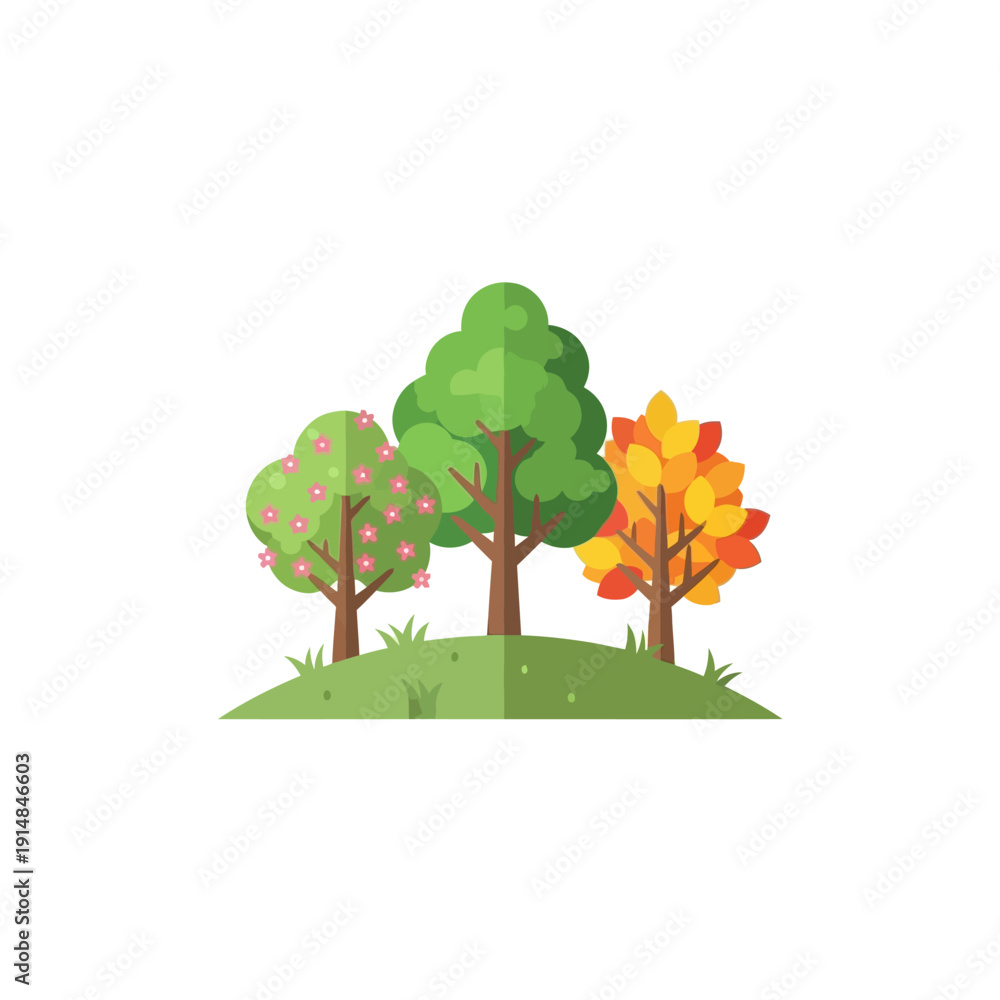 Fototapeta premium Three diverse trees on a green hill: spring blossoms, lush green, and autumn colors