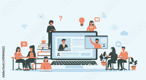 Group of people collaborating around a large laptop screen for online learning and remote communication