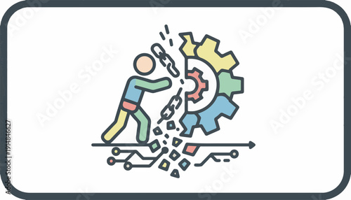 Man breaking mechanical gears vector for digital detox and manual labor industrial efficiency process optimization concept