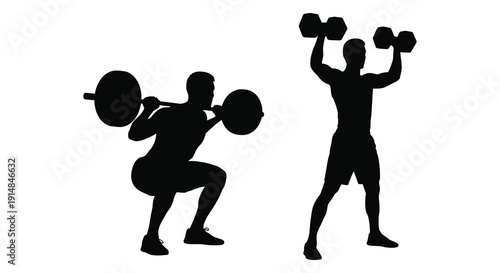 Two black silhouettes of weightlifters in dynamic poses one squatting and one overhead pressing on transparent background high quality professional detailed