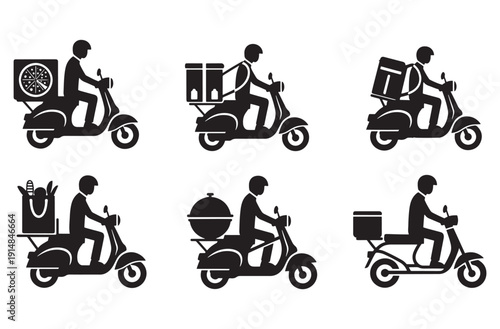 Collection of six black scooter delivery icons with various containers including pizza boxes, insulated bags, and food carriers, symbolizing food delivery and courier services on transparent backgroun