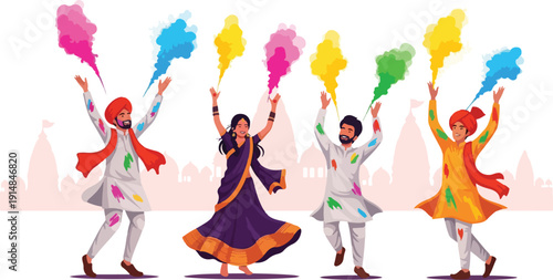 Four people in traditional Indian clothing celebrating Holi with colorful powders in the air against a city skyline.