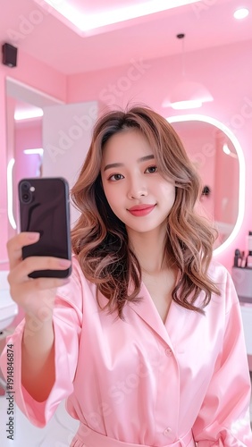 Smiling woman in a pink robe takes selfie in a pink beauty salon-like room