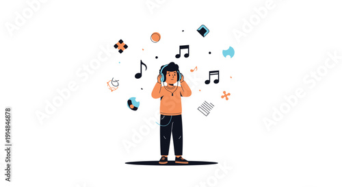 Person listening to headphones amid floating music icons
